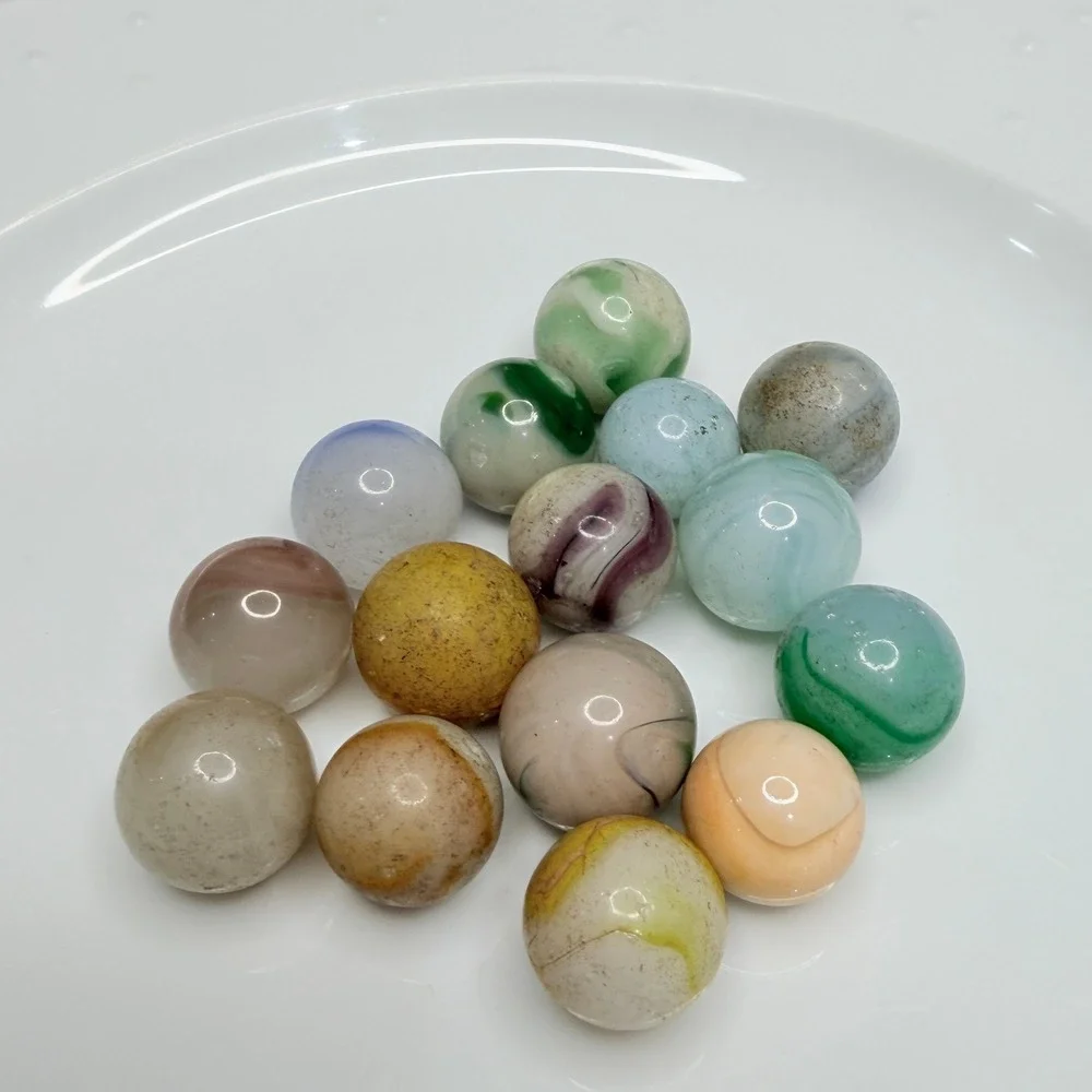 Vintage Glass Marbles Lot – Earth Tone Swirls, Greens, Blue & Amber–Garage Find